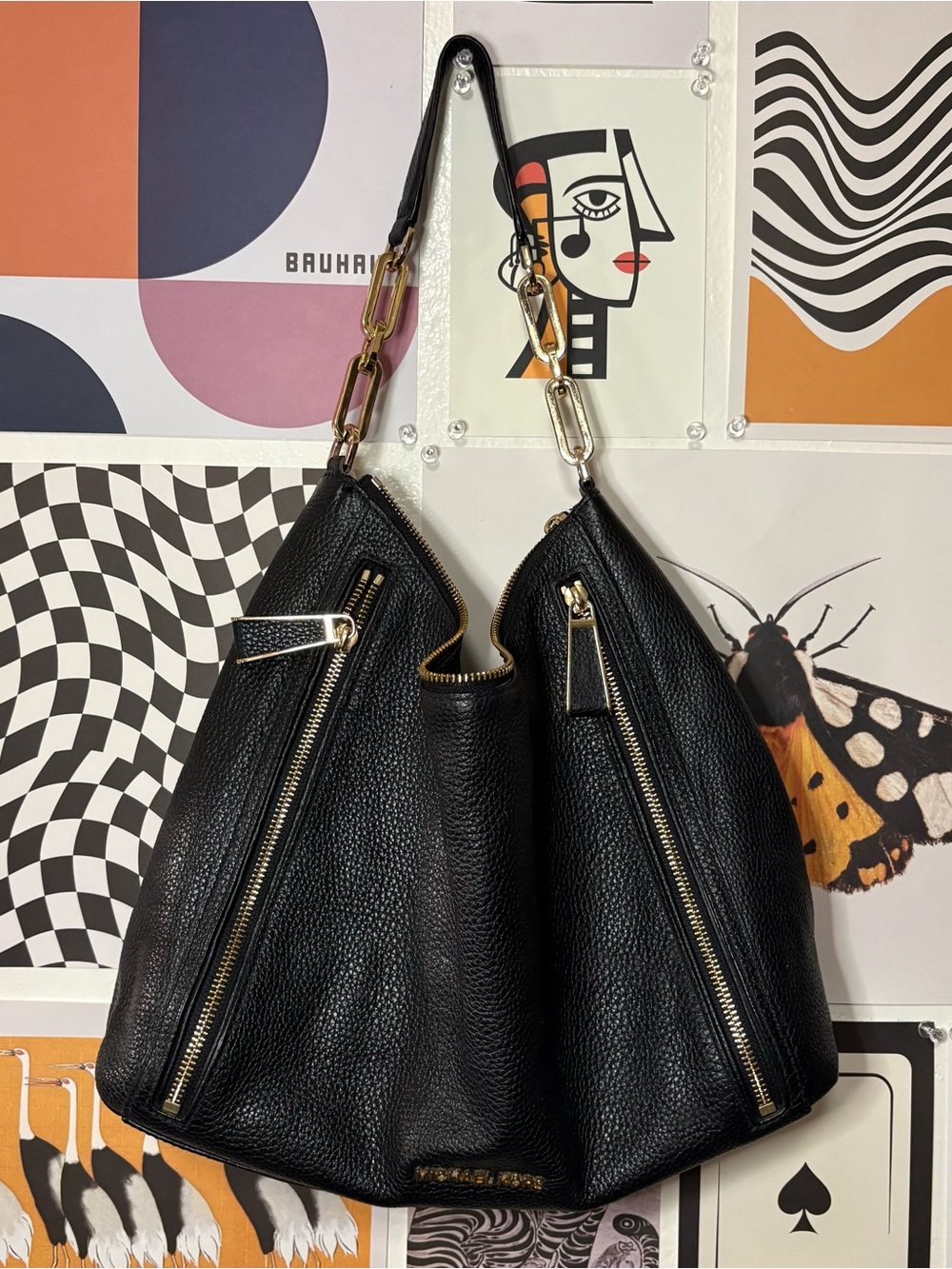MICHAEL Michael Kors Black Pebbled Leather Shoulder Bag with Gold Hardware